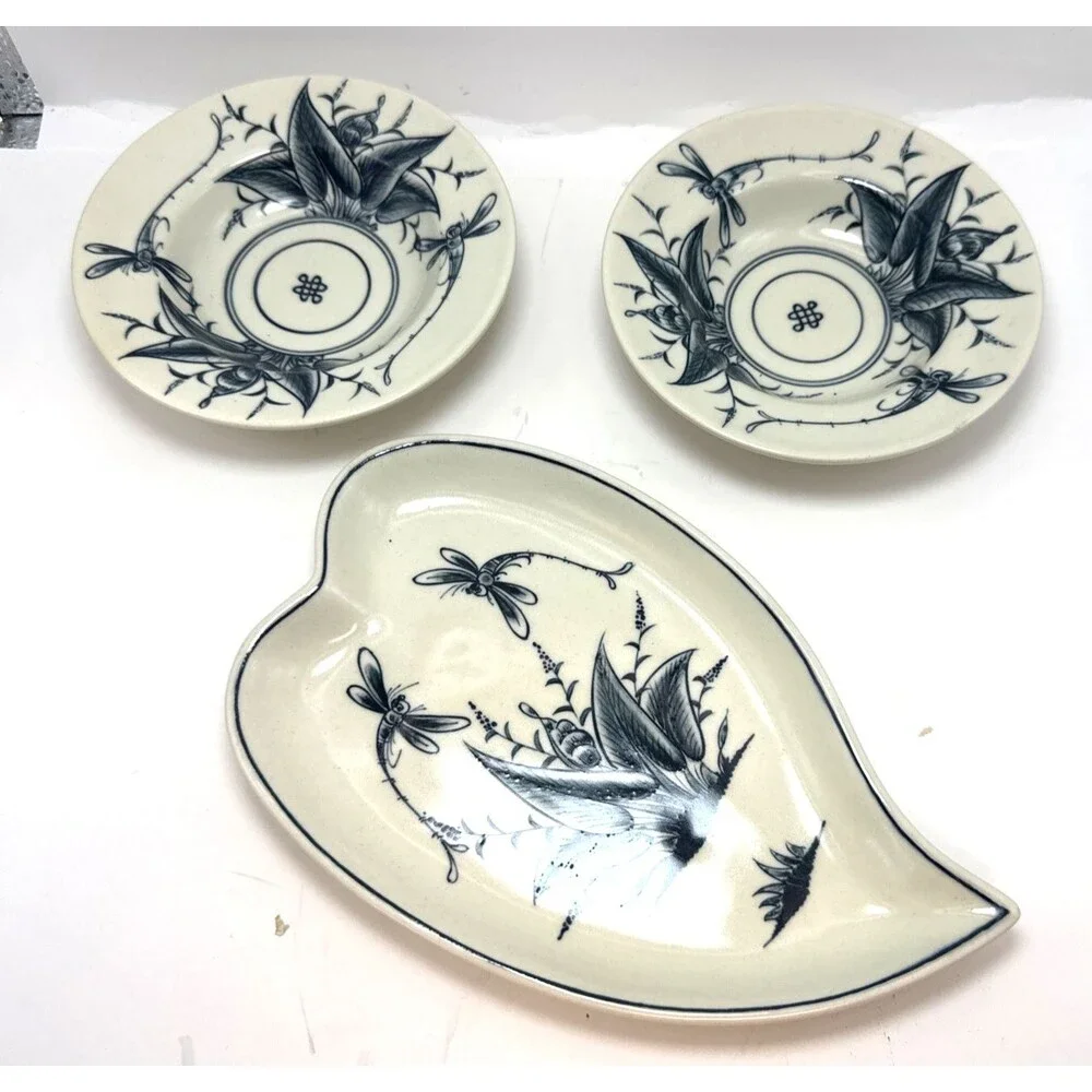 Bat Trang Vietnamese Hand Painted Pottery 2 Bowl heart trinket dish Dragonflies